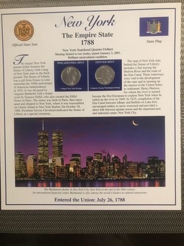 2001 NEW YORK EMPIRE STATE INFO P & D STATEHOOD QUARTERS WITH STAMPS PANEL NEW - Picture 1 of 11