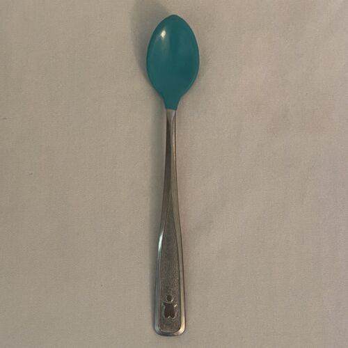 Vintage '80 the First Years Stainless Baby Spoon Soft Bite Rubber Turquoise Tip  - Afbeelding 1 van 3