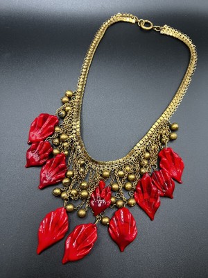 Vintage Early Miriam Haskell Red Glass Brass Mesh Bead Bib Necklace