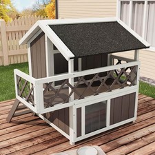 Insulated Outdoor Cat House Weatherproof with Balcony Wood Feral 2-Story Shelter