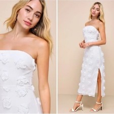 Lulus Posh Appearance White 3D Floral Appliqué Strapless Midi Dress Size XS
