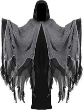 Halloween Hooded Cloak Scary Ghost Tattered Robe Medieval Wizard Death Cape Cosp