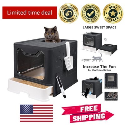 Durable Foldable Cat Litter Box - Enclosed, Easy Clean, Includes Scoop & Brush
