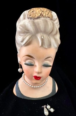 Vintage INARCO Lady HeadVase E-1062 Pearl Necklace Earrings 6.5  extra pearls