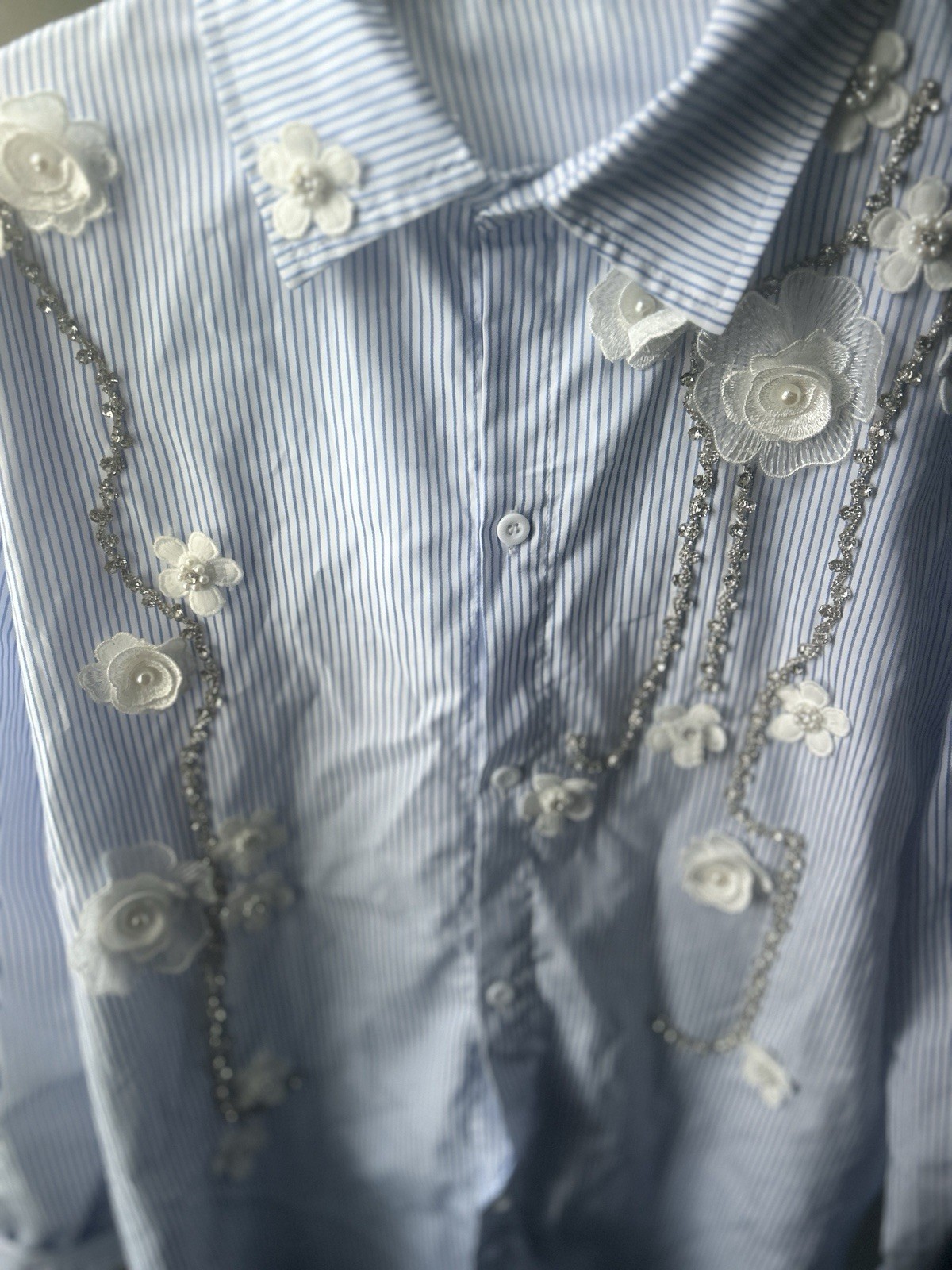 Dream 829 Striped Patchwork Button-Up Blouse Lape… - image 1