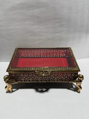 VINTAGE MELE JAPAN CHERUB FOOTED GOLDFILIGREE TRINKET JEWELRYBOX W/GLASS TOP