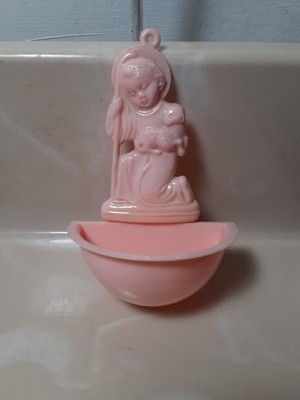 Vintage Mid Century MCM Pink molded Plastic Holy Water Font Angel w/lamb