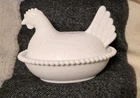 Vintage White Glass Hen on Nest Covered Dish Beaded Edge 7" Farmhouse Decor