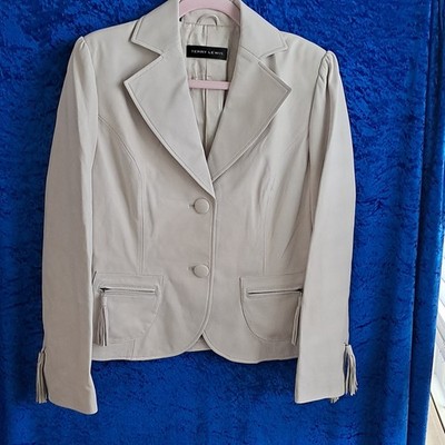 Terry Lewis Women s Ivory Leather Short Jacket S Lined Button Tassel Zip Pockets