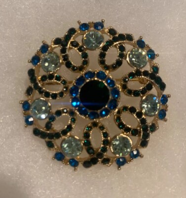 Bohemian Mandala Rhinestone Brooch Pin Blue Green & Aqua NWOT