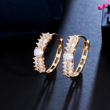 Gorgeous Round Cubic Zirconia Gold Plated Hoop Earrings for Women Bridal Jewelry