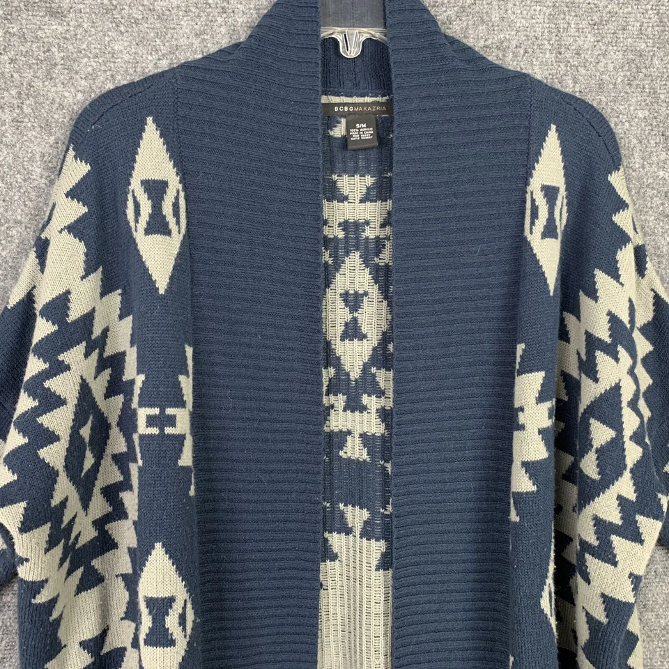 Cárdigan BCBG Maxazria cuello chal mujer S azul gris patrón SW manga 3/4 Foto 2 de 4