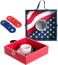 Red And Blue Target Tossing Game With Wood Boards And Washers For Outdoor Fun