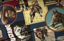 The Old West retro blue western cowboy scenes Kaufman fabric