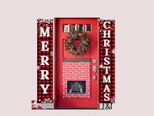 Large Outdoor Christmas Porch Sign Set - Red  Black Buffalo Plaid Banner with S