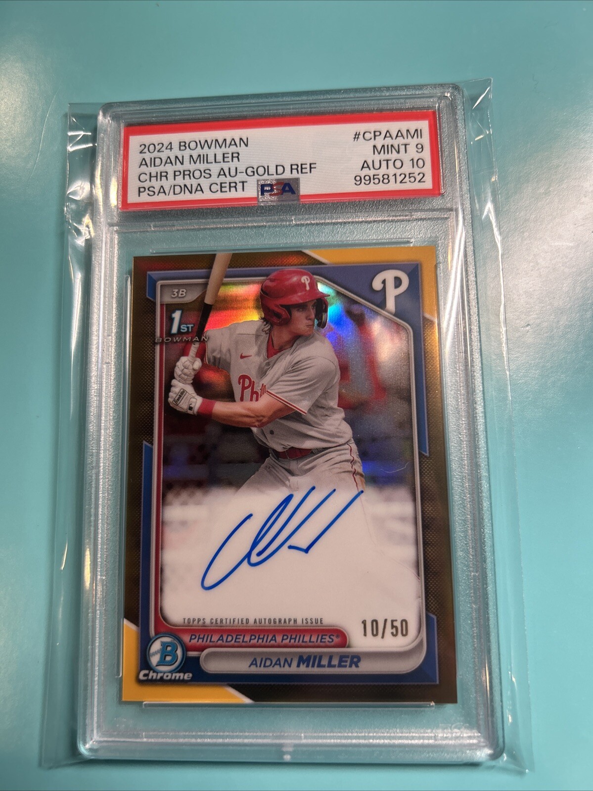 PSA 10 AIDAN MILLER 2024 1st Bowman Chrome Gold Refractor AUTO #’d /50 RC Rookie