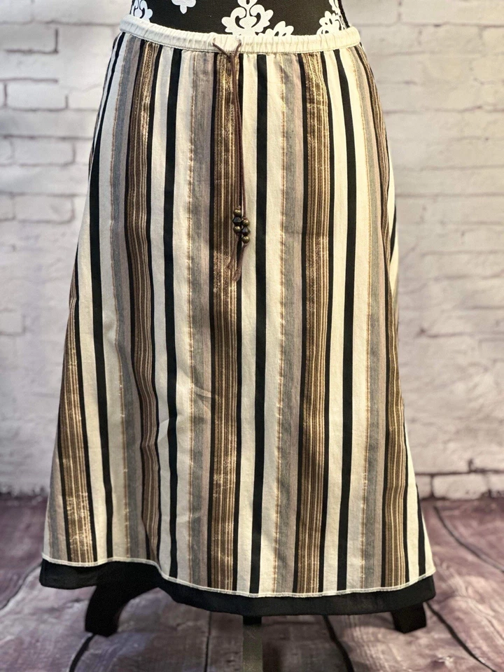 Antigua falda de algodón azul marino a rayas metálicas doradas, cordón cintura talla pequeña WCLTH Foto 3 de 4