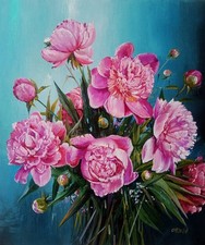 Dipinto Olio Originale Rosa Peonia Fiori Bouquet Arte Floreale 35x30 cm Tela