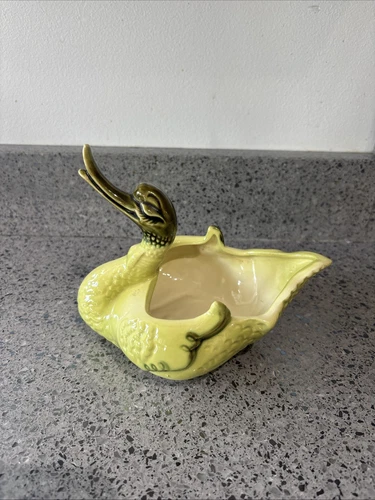 Vintage Hull Pottery MCM Small Green Ceramic Swan Duck Trinket Dish Planter