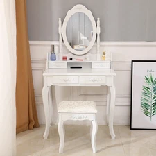 Makeup Dressing Table Set w/Stool 4 Drawer & Mirror Wood Desk Modern Furniture