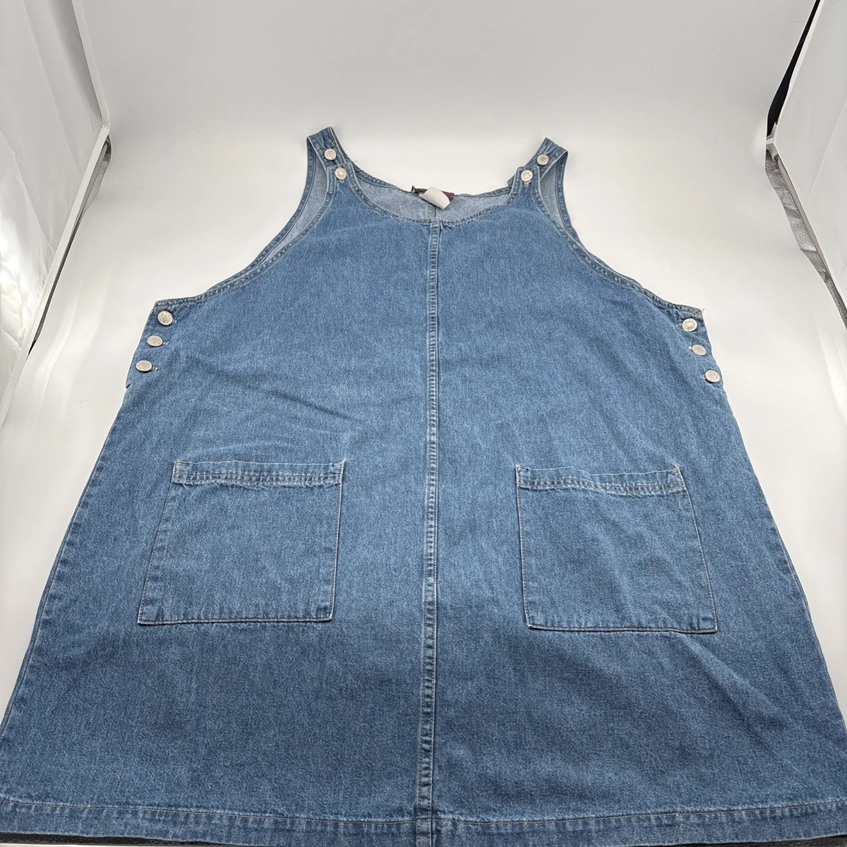 denim jumper dress plus size Grace & Grandeur Women's Sleeveless Overall Skirt with Pockets Casual Midi Dresses 4X Dark Blue, Size: 4XL It has a relaxed A Bailey Denim Overall Dress XS