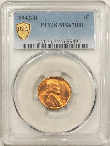 1942-D LINCOLN CENT - PCGS MS-67 RD, SUPERB GEM!