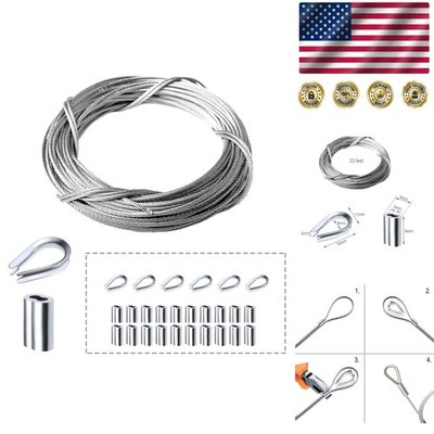 Flexible 33ft Stainless Steel Wire Rope with 20 Loop Sleeves & Thimbles Included