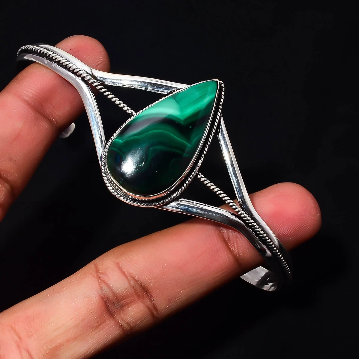 Malachite Gemstone 925 Sterling Silver Handmade Bangle Jewelry Gift For Love