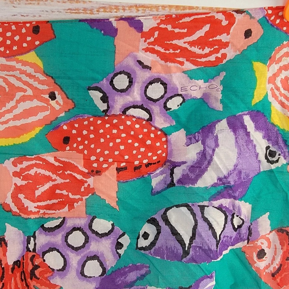 Vintage ECHO Silk Scarf 34 x 34 Tropical Fish Vibrant Colors Beach Cruise Travel - Image 4 of 4