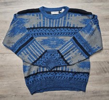Vintage Saturdays Geometric Crew Knit Sweater Grey Blue Retro Pullover Mens M