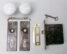 Antique Set EASTLAKE Backplates White Porcelain Door Knobs Mortise Lock w/ Key