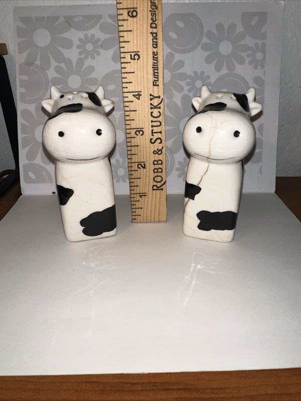 American Atelier Black White Cow Salt Pepper Shakers Set AS IS