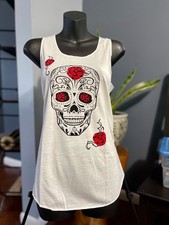 Women’s Sugar Skull Tank Top – Day of the Dead Rose Print – 100% Cotton Tee