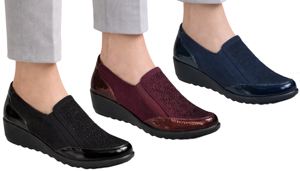 Women's Cushion Walk Wedge Shoe 4-8 Black/Burgundy/Navy-Low Wedge Comfy Slip On