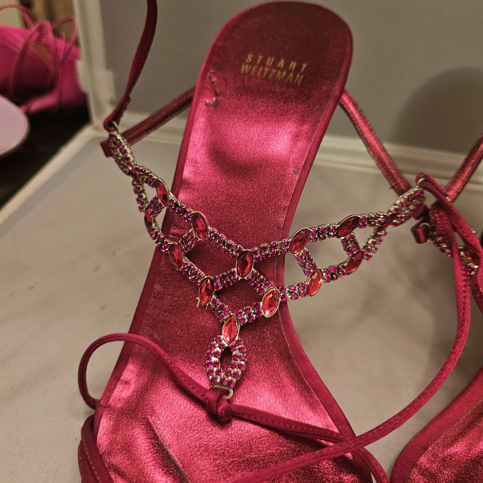 Stuart Weitzman Ruby Red Satin Gladiator 4" High … - image 2