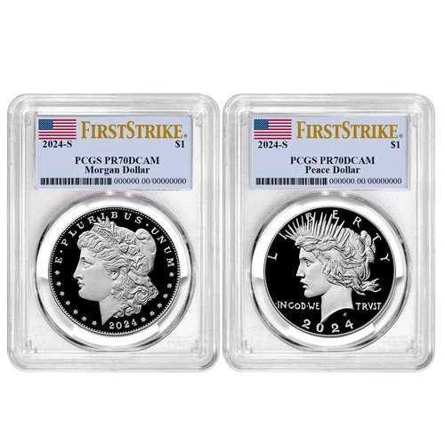 2pc Set - 2024-S $1 Proof Morgan and Peace Silver Dollar PCGS PR70DCAM FS Flag
