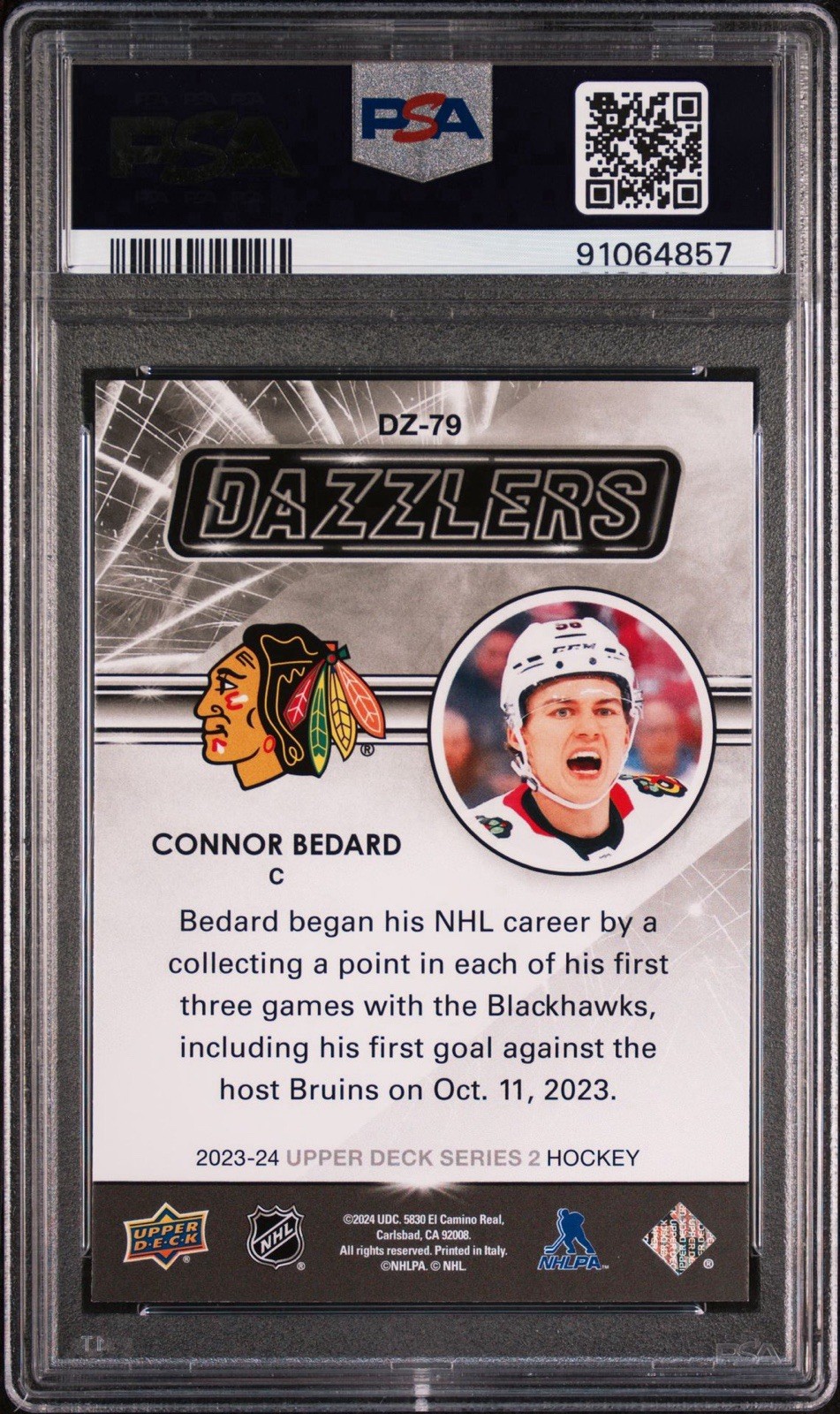 2023 Upper Deck Dazzlers Green #DZ79 Connor Bedard RC Rookie Blackhawks PSA 10!! view 2
