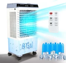 Evaporative Cooler,120W Air Cooler, Swamp Cooler 8 Gallon 3 Fan Speed &Remote