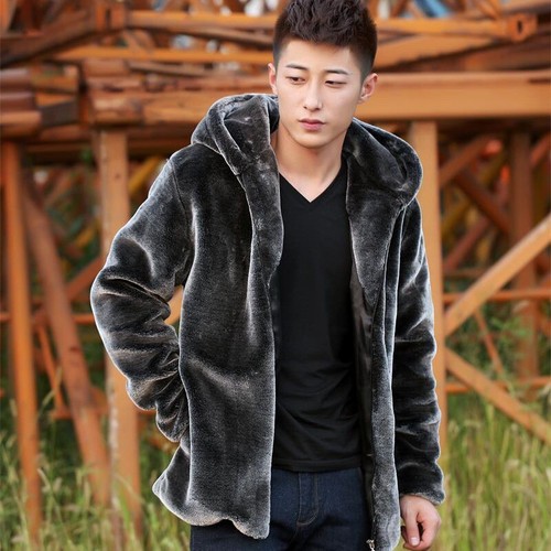 Mens Faux Fur Hoodie Zipper Jacket 