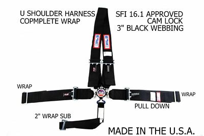 RJS RACING SFI 16.1 5 PTCAM LOCK HARNESS ''U'' ROLL BAR BLACK & ALL BLACK HARDWARE