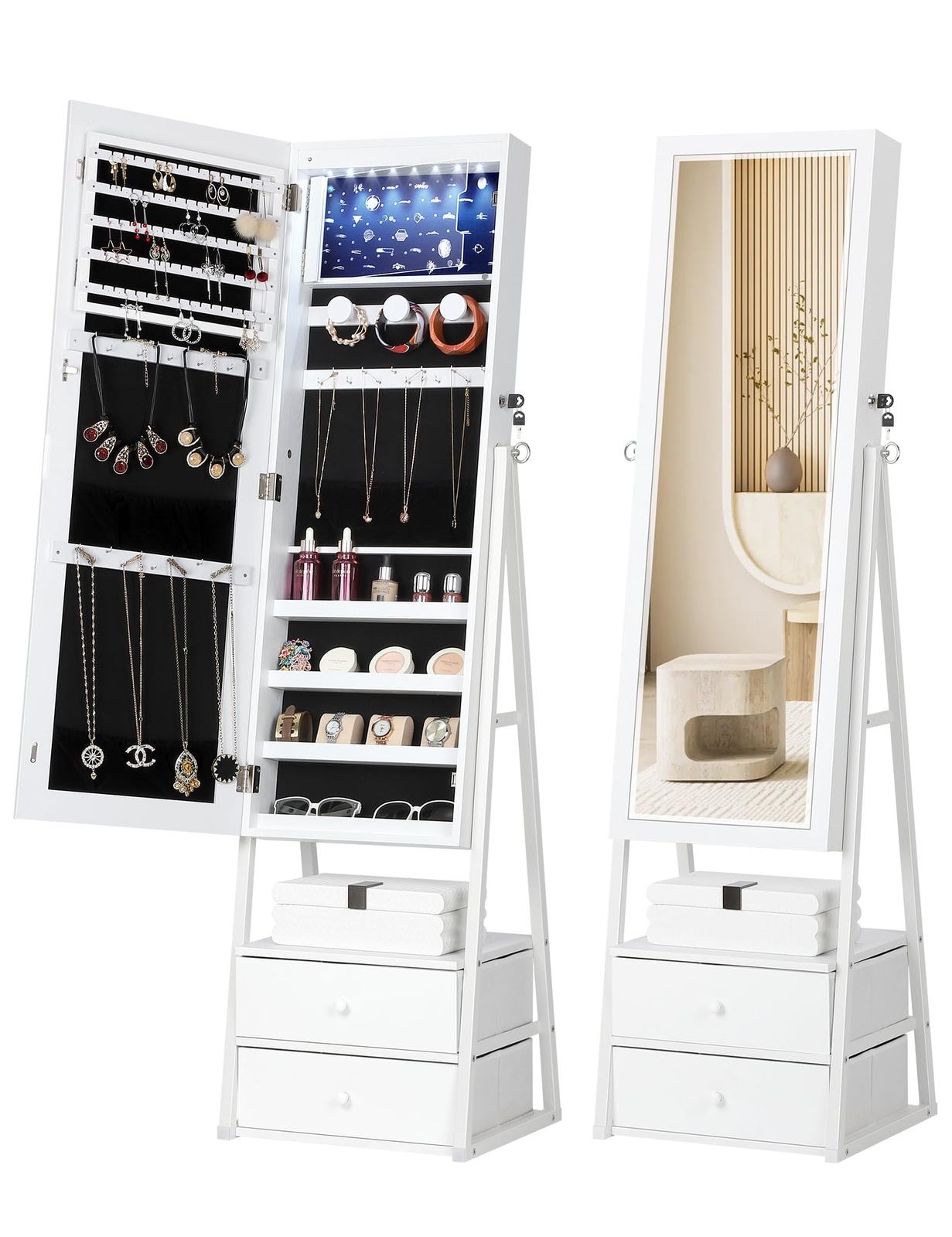 Jewelry Cabinet Armoire with 2 Drawers, Lockable Standing Jewelry Mirror Cabi...