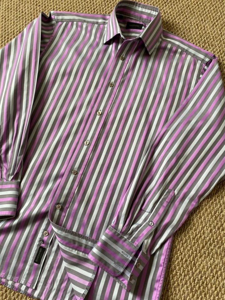 DUCHAMP PEWTER / PINK MULTI STRIPE BUTTON CUFF SHIRT 16 - Image 4 of 4