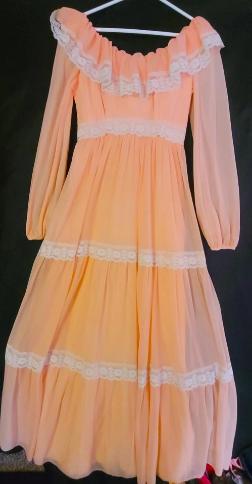 Vestido años 70, vintage, melocotón, manga larga, hasta el suelo Foto 2 de 4