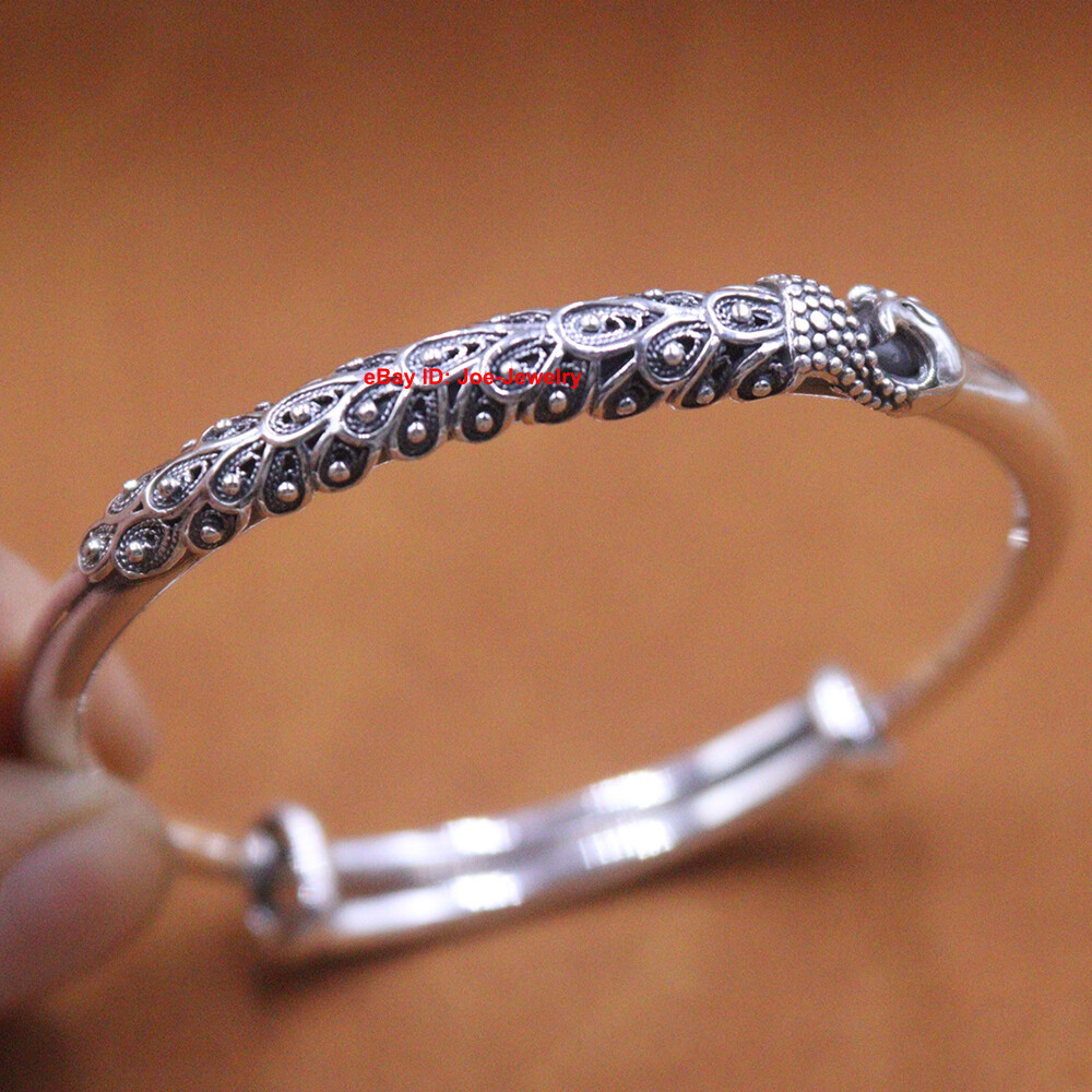 Solid 999 Fine Silver Peacock Bangle Adjustable Bangle 60mm