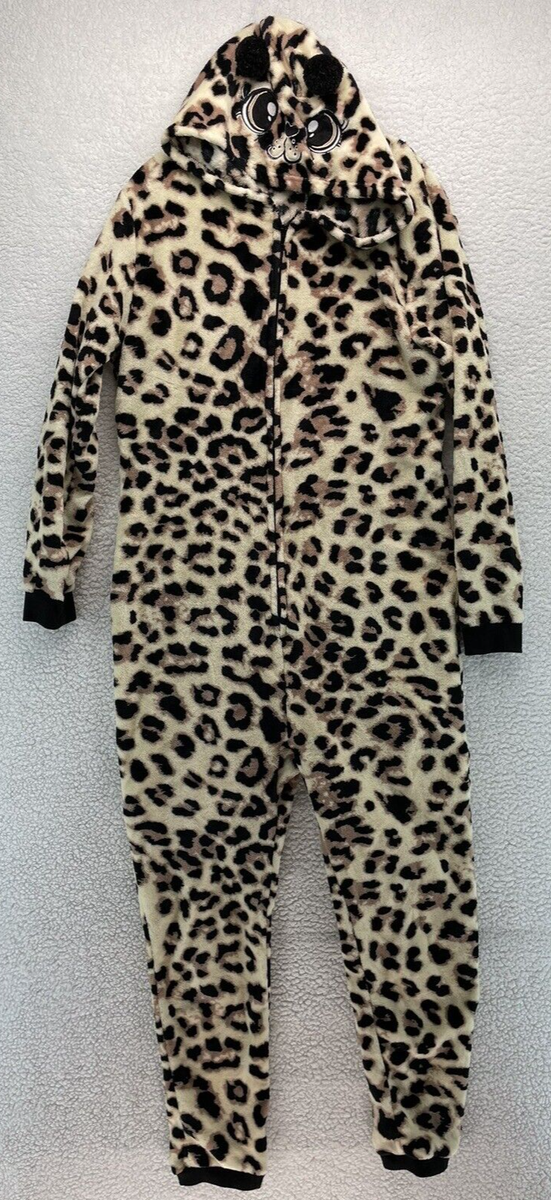 COCO Lounge One Piece Pajamas Large L Hooded Sleep Cheetah Overalls