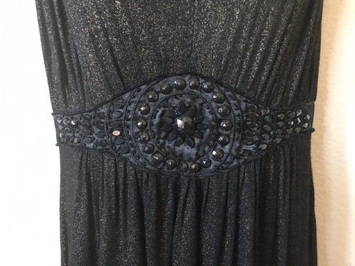 Robe femme noire dorée scintillante perles bulles plongeantes sans manches froncées taille M - Photo 2/3