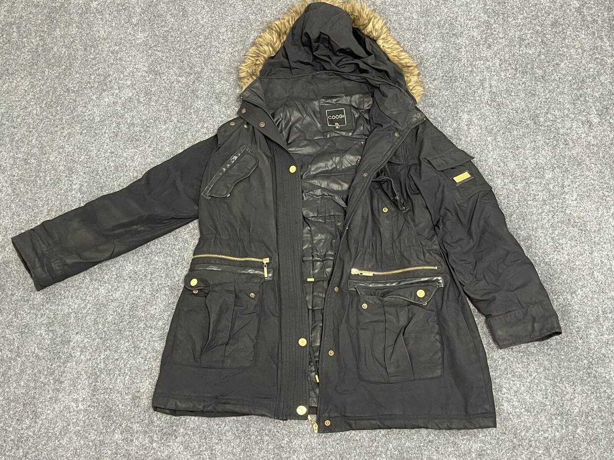 COOGI Jacket Womens Large Hooded Faux Fur Coat Black Long Sleeve