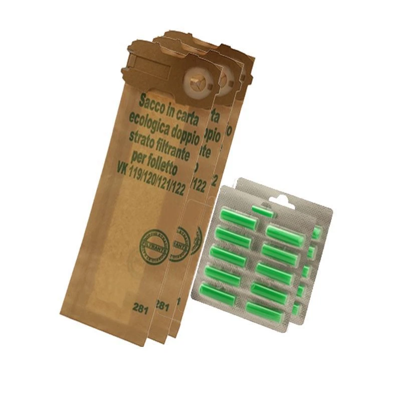 FOLLETTO VK 120 121 122 Kit 24 Sacchetti + 20 Profumi Aspirapolvere