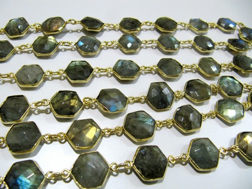 Natural Labradorite hexagon Shape Briolette faceted Connector Chain 13 to 14mm - 第 5/16 張圖片