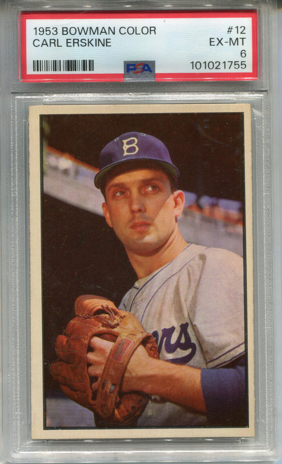 1953 Bowman Color #12 Carl Erskine PSA 6 EX-MT Brooklyn Dodgers